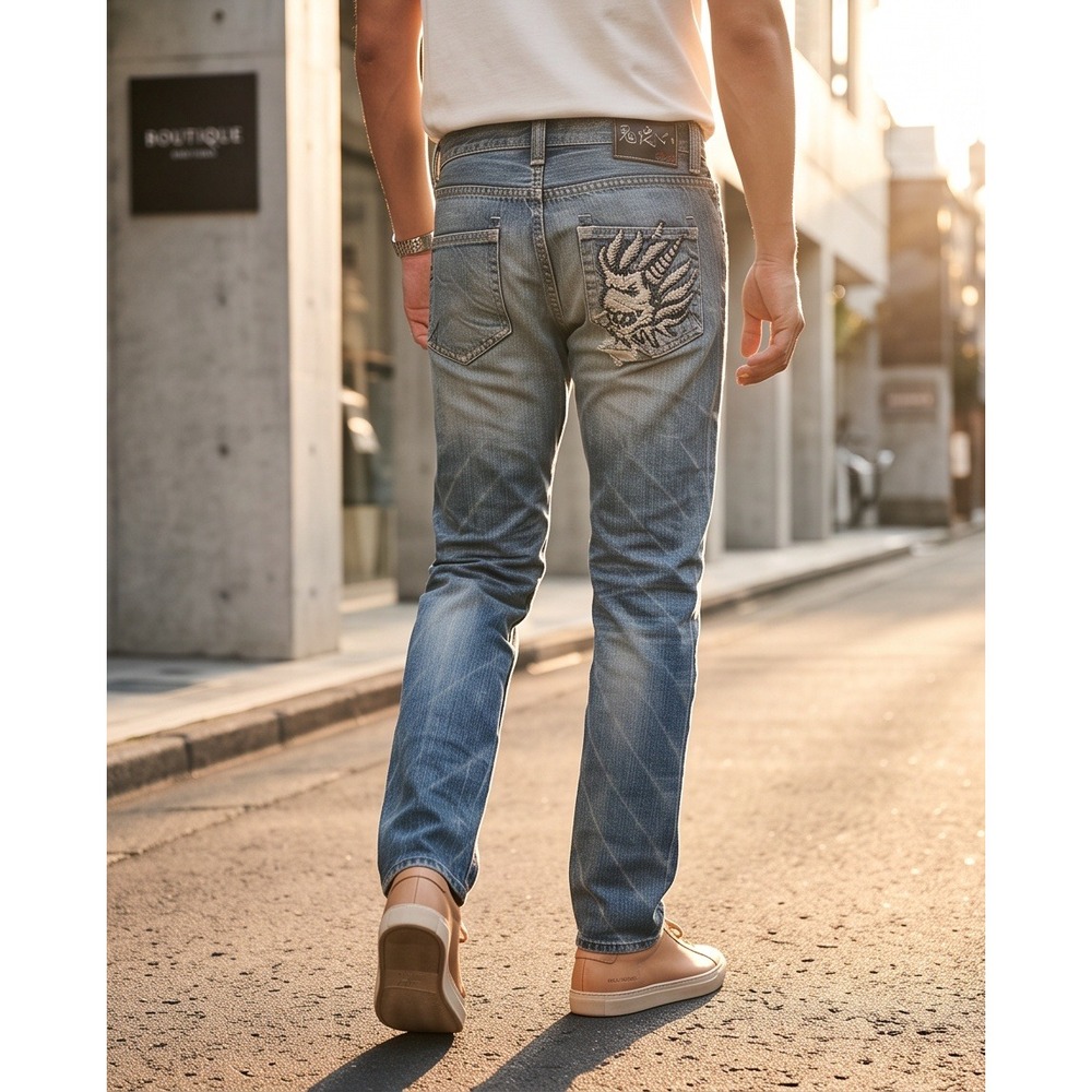 Oniarai Japanese 34x31 Embroidered Devil Demon Jeans Mens Blue Denim Y2K 3B6393